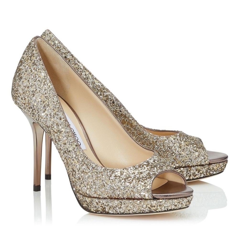 EUC Jimmy Choo Gold Glitter Luna Peep Toe Stilettos